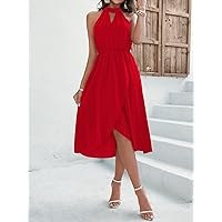 Dresses for Women Halter Keyhole Neckline Asymmetrical Wrap Hem Dress (Color : Red, Size : X-Large)