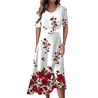 Vestidos de Verano para Mujer 2024 Summer Short Sleeve V-Neck Swing Dress Elegant Floral Print Cocktail Party Dresses