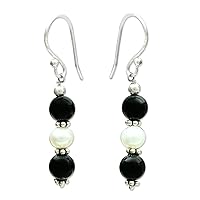 NOVICA Handmade Onyx Cultured Freshwater Pearl Dangle Earrings .925 Sterling Silver White Black Beaded India Birthstone [1.3 in L x 0.2 in W x 0.3 in D] 'Midnight Dreams'
