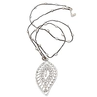 NOVICA Handmade .925 Sterling Silver Cultured Freshwater Pearl Pendant Necklace Long Indonesia Birthstone 'Miana Leaves'