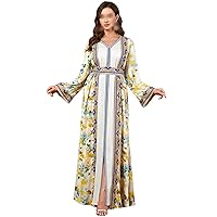 Middle Eastern Muslim Women's Cardigan Two-Piece Set Printing Satin Evening Dress Dress Long Sleeves with Belt Robe