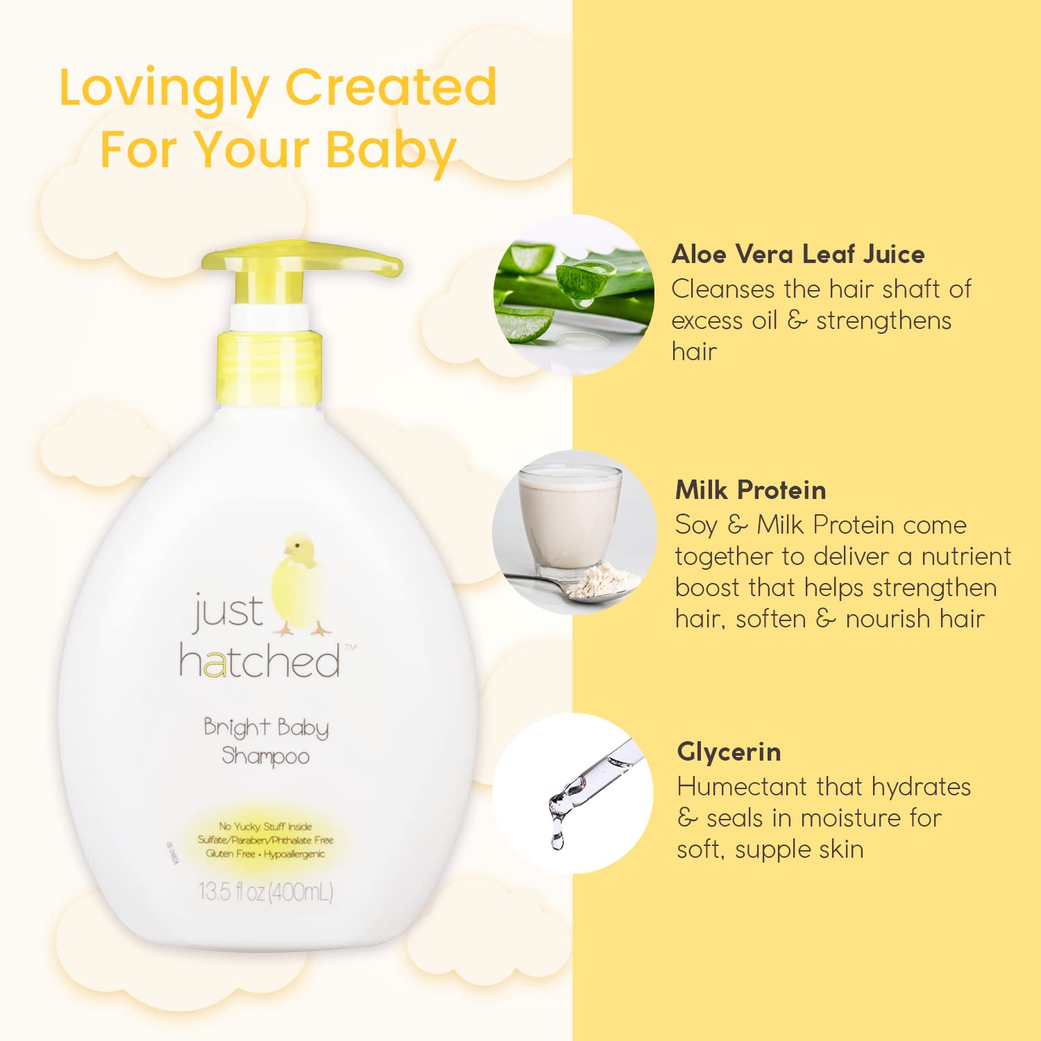 Just Hatched Bright Baby Shampoo Single-Pack - Gentle Hair Cleanser, Loveable Yummy Fragrance, Gentle for Newborns, Hypoallergenic, Gluten Free, No Yucky Stuff & Harsh Ingredients, 13.5 fl oz (1 Pack)