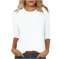 Womens Tops 3/4 Length Sleeve Eyelet Embroidery Shirts Dressy Casual Summer Tunic Blouses Crewneck Tee Holiday T-Shirts
