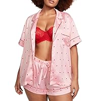 Victoria's Secret Satin Short Pajama Set, Silk Pajamas, PJ Set for Women, 2 Piece Lounge Set Silk PJs, Women's Sleepwear, Pink Mini Hearts (L)
