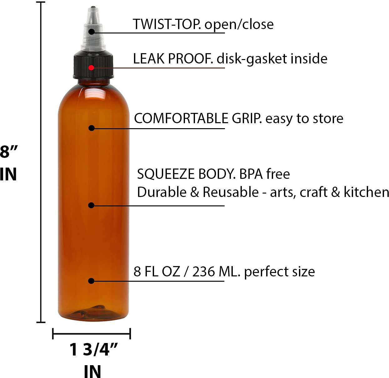 Twist Top Applicator Bottles, 8 OZ, Squeeze Empty Plastic Bottles, Black Nozzle, BPA-Free, PET, Refillable, Open/Close Nozzle - Multi Purpose (Amber)