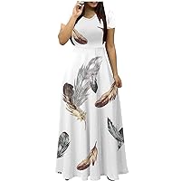 Women Empire Waist Maxi Dresses 2024 Funny Feather Print Beach Dress Summer Short Sleeve V Neck A-Line Long Dresses