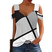 Trendy Tops for Women 2024 Off The Shoulder Tops for Women's Casual Tops Short Sleeve Cold Shoulder V-Neck Printed Tops