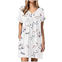 Women's Casual Loose-Fitting Summer Dress Swing Print Short Sleeve Knee Length Beach Flowy V-Neck Trendy Glamorous