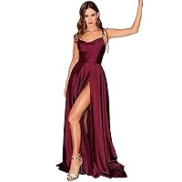 High Split Prom Dresses for Women Satin Long Adjustable Spaghetti Straps Formal Party Gowns with Pockets