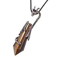 12 Faceted Crystal Point Pendant Necklace for Unisex Dragon Figure Charm Wrapped Stone Pendulum Pendant with Chain for Reiki Healing