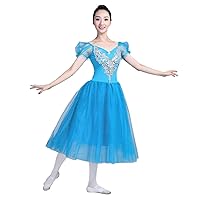 Women Girls Ballet Dance Dress Spandex Bodice Puff Sleeve Floral Sequined Embroidery Tulle Dance Tutu Skirt