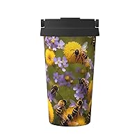Rural Honey Bees Wildflowers Print Reusable Coffee Cup - Vacuum Insulated Coffee Travel Mug For Hot & Cold Drinks