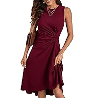 Verdusa Women's Sleeveless Crew Neck Ruched Front Asymmetrical Hem Midi Dress