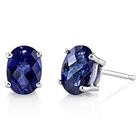 Peora 14K White Gold Created Blue Sapphire Earrings for Women, Hypoallergenic Solitaire Studs, 7x5mm Oval Shape, 2 Carats total, Friction Back