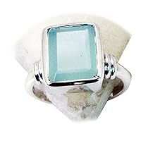 Brand Sterling Silver Natural Aqua Chalcedony Emerald Cut Simple Ring Size 4,5,6,7,8,9,10,11,12