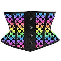 Womens Lavish Rainbow Hearts Print Satin Mini Cincher Corset