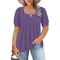 ROSRISS Womens Plus-Size Tops Summer Puff Short Sleeve Scoop Neck Pleated Flowy Shirts