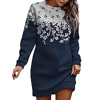Women's Fashion Autumn and Winter Print Color Contrast Long Sleeved Round Neck Sweatshirt Dress Simple Midi Dresses