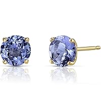 Peora 14K Yellow Gold Tanzanite Stud Earrings for Women, Genuine Gemstone, Round Shape, 6mm, 1.50 Carats total, AAA Grade, Friction Back