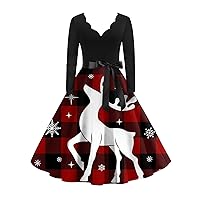 Women's Christmas Dress Vintage Classic Long Sleeve Print V-Neck Swing Dress, S-5XL