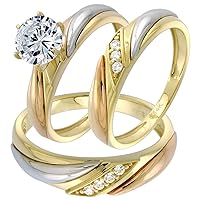 14k Tricolor Gold Cubic Zirconia Ridged Shoulder Trio Wedding Ring Set for Women and Men Rose and Rhodium Accent sizes 5-13