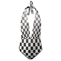 Black White Racing Checkered Flag Women’s Deep V Neck Swimsuit One Piece Backless Bathing Suit Halter Tummy Control Swimwear
