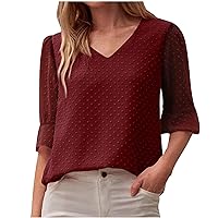 Women's Swiss Dot Casual Summer Tops Short Sleeve V Neck Chiffon Blouses Cute Solid Color Loose Pom Pom Shirts Tees