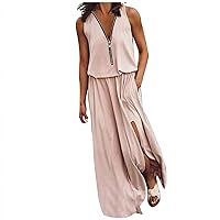 Womens Zipper V Neck Elastic Mid-Waist Tank Dress Summer Trendy Flowy Pleated Sleeveless Split Casual Maxi Dresses