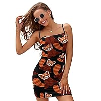 Cute Red Panda Mini Dresses for Women Adjustable Strap Sexy Cross Tie Backless Sundress