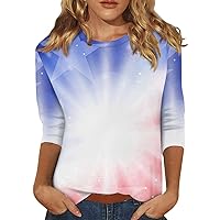 Fourth of July Shirts for Women 3/4 Length Sleeve Summer Tops 4Th of July Flag Graphic Tees Loose Fit Crew Neck Blouses