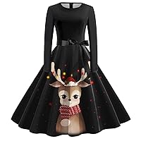 Black Denim Dress for Women Long,Women Easter Long Sleeve Print Santa Wine Cup Snowflake Holiday Round Neck Dre