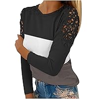 Women Casual Off Shoulder Top Ladies Long Sleeve Round Neck T-Shirt Sexy Lace Crochet Flowy Tunic Shirt Pullover