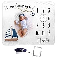 Baby Monthly Milestone Blanket | Includes Felt Frame and Baby Sailor Hat | 1 to 12 Months | Premium Extra Soft Fleece | Best Photography Backdrop Prop for Newborn Boy & Girl (Sailor Blanket)