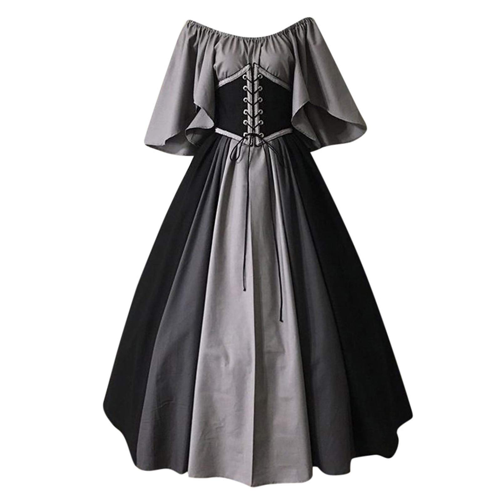 Forthery Women Vintage Dresses Celtic Long Sleeve Medieval Maxi Dresses Renaissance Cosplay Dress(Coffee,XXL) Gray XX-Large