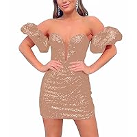 Homecoming Dresses for Teens Sparkly Short Sequin Prom Party Gowns with Puffy Sleeves Bodycon Off Shoulder
