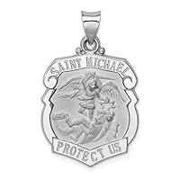 14k White Gold Polish Satin St Michael Badge Medal HollowCustomize Personalize Engravable Charm Pendant Jewelry Gifts For Women or Men (Length 1.17