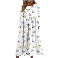 Women's Christmas Dresses Plus Size Floral Round Neck Long Sleeve Relaxed Fit Dress Fall Outdoor Beach Maxi Dresses
