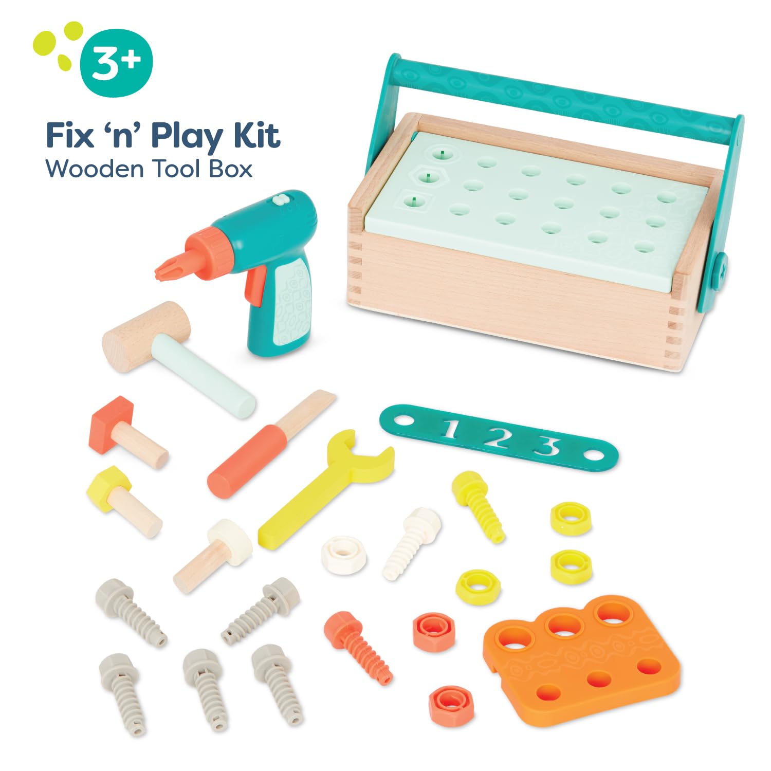 B. toys- Fix ‘n’ Play Kit- Pretend Play Tool Box – Wooden Toolbox & Accessories – Carpenter Set for Kids – Play Set with Drill, Hammer, Screwdriver & More – 3 Years +