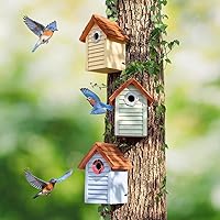 Bluebird House - Set of 3 Nest Box with Stainless Steel Predator Guard - Alaskan Western Red Cedar Shingles Roof - UV Painting - 10 Years Outdoor Weatherable(Beach Hut Houses)