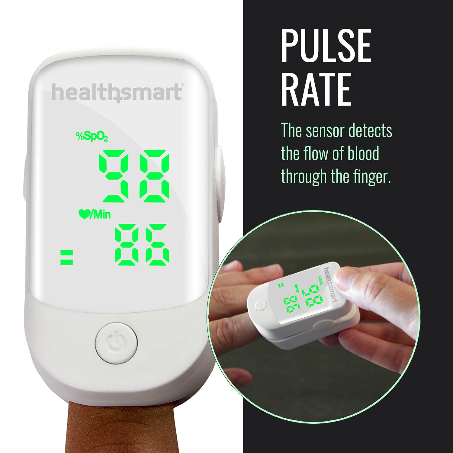 HealthSmart Pulse Oximeter for Fingertip That Displays Blood Oxygen Saturation Content, Pulse Rate and Pulse Bar with LED Display, Accurate and Reliable, Green LED Display