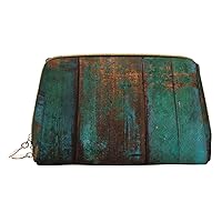 Blue Green Wood Grain Print Leather Clutch Zipper Cosmetic Bag, Travel Cosmetic Organizer, Leather Storage Cosmetic Bag