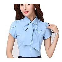YGT Women's Short Sleeve Removal Bow Blouses Lovely Dress Shirt Tops