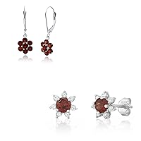 14k White Gold Red Garnet Flower Dangle and Diamond Flower Halo Stud Earrings Set for Women | Birthstones Earrings with Leverback | 4mm Birthstone Earrings with Push Backs by MAX + STONE