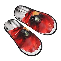 Beautiful Poppy Flower Ink Furry Slippers for Men Women Fuzzy Memory Foam Slippers Warm Comfy Slip-on Bedroom Shoes Winter House Shoes for Indoor Outdoor Medium