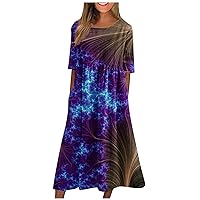 Party Novelty Short Sleeve Dress for Womens Autumn Shift Cotton Patchwork Tunic Dress Women Fit Print Comfortable Purple L