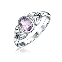 Personalize Simulated Amethyst CZ Purple BFF Sorority Sister Promise Friendship Celtic Trinity Love Knot Triquetra Ring For Women Teen Thin Band .925 Sterling Silver February Birthstone Customizable