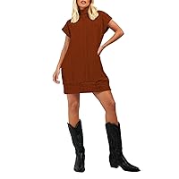 Pink Queen Women's Turtleneck Oversized Sweater Dress Short Cap Sleeve Pullover Sweaters Ribbed Knit Dresses