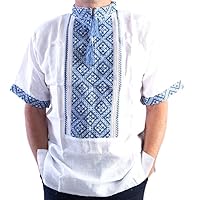 Vyshyvanka Mens Ukrainian Embroidered Shirt Handmade whire Blue Linen Short Sleeve XL