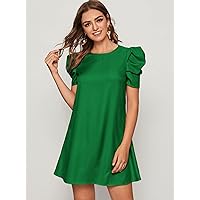 Summer Dresses for Women 2022 Puff Sleeve Keyhole Back Tunic Dress Dresses for Women (Color : Green, Size : X-Large)