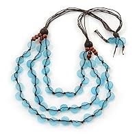 Avalaya 3 Strand Light Blue Resin & Brown Wood Bead Cotton Cord Necklace - 82cm Length